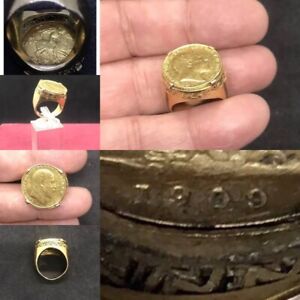Half Sovereign 22ct Gold 1909 Coin On 18ct Gold Greek Key Design Ring 12 Gr