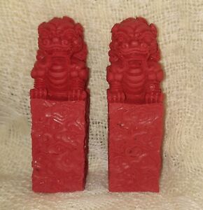 Chuncin Small Red Pair Fu Dogs Statues Cinnabar