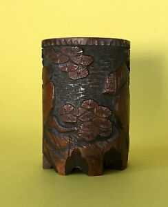  1 Antique China Bamboo Root Carved Eagle Pine Tree Brush Pot Pencil Signed