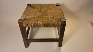 Antique Vintage Woven Rush Rope Wood Foot Stool Primative Rustic Country Farm