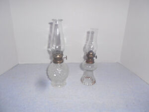 2 Antique Hobnail Style Cut Glass Mini Kerosene Lamps