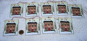 9 Christmas Primitive Folk Art Saltbox House Linen Cardstock Gift Hang Tags