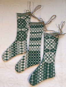 Vintage 50 60 S Green White Cotton Overshot Christmas Stocking Ornament
