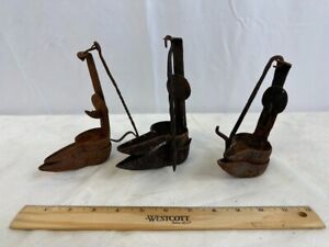 3 Pc Early American Lighting Hand Forged Iron Betty Whale Oil Hanging Lamps