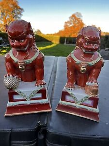 Vintage Foo Dog Pair Chinese Red Enamel Porcelain Imperial Guardian Lions