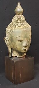 Antique Cast Bronze Sukhothai Buddha Hollow Head Of Sculpture W Wood Base Mount