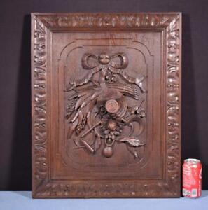  Antique French Deeply Carved Panel In Solid Oak Wood Salvage With Bow