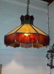 Vintage Leaded Stained Handmade Slag Glass Pendant Hanging Light Fixture