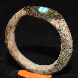 Genuine Ancient Greek Bronze Signet Ring With Turquoise Intaglio 3rd Century Bc