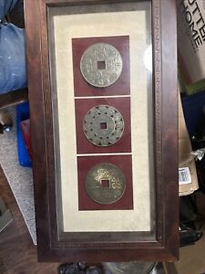 Three Antique Brass Chinese Medallions 5 Dia In A Beautiful Vintage Frame