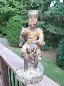 Antique Chinese Carved Wood Polychrome Figural Warrior