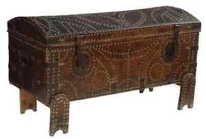 Antique Trunk Spanish Baroque Leather Clad Fabric Lined Nailhead 1700 S 