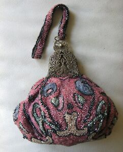Antique Victorian Silver Filigree Frame Pink Multi Colored Bead Puffy Purse