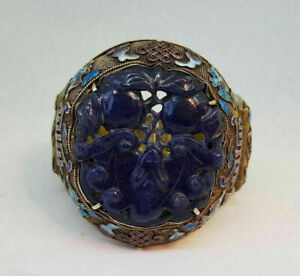 Antique Chinese Export Lapis Lazuli Cloisonne Enamel Silver Bangle Cuff G082