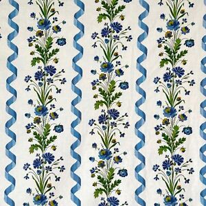 55x48 Vintage French Fabric With Blue Ribbon And Floral Boussac Fabric Pattern