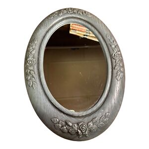 Vintage Oval Mirror Ornate Frame Hanging Wall Beauty Grey Toned 16 5 Tx11 5 W