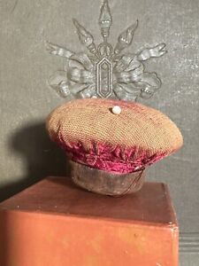 Antique Victorian Velvet Wood Pin Cushion Sewing