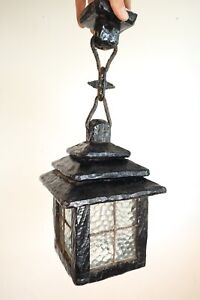 Vintage Wooden Porch Light Arts Crafts Glass Hanging Lantern Pendant Cottage
