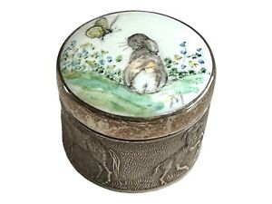 Vintage Ornate Sterling And Enamel Patch Box Pill Box Bunny And Butterfly 1978