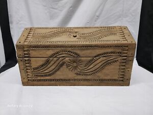 Primitive Carved Wood Chest Pennsylvania Dutch Style Quaker Carved Wood Box