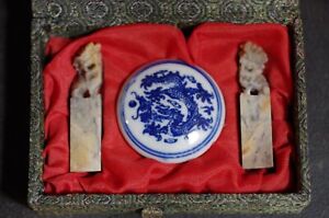 Antique Chinese Soapstone Foo Dog Seal Mark Set In Original Box No Names
