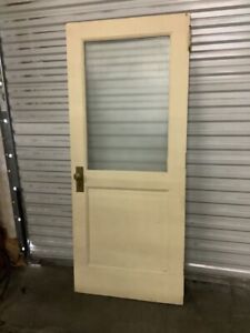 1910s Antique Historic White Painted Metal Door With Glazed Glass Panel 35 X 83