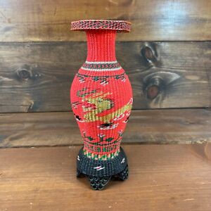 1960s Vintage Chinese Scoubidou Woven Plastic Covered Glass Vase 10 5 Tall