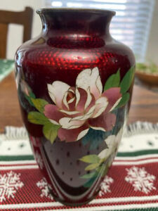 Vintage Japanese Ginbari Pigeon Blood Red Floral Cloisonne 6 Vase