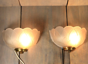 Antique French Wall Lamp Pair Art Deco Style Lotus Flower Satin Glass Sconce