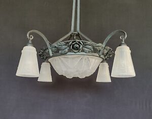 Antique French Art Deco Frosted Glass Degue Signed Wrought Iron Chandelier