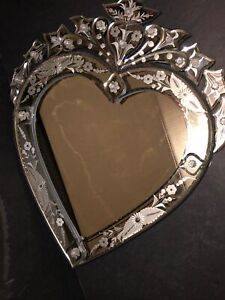 Vintage Antique Venetian Etched And Beveled Heart Wall Mirror Floral Flower