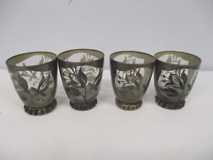 4 Antique Sterling Silver Overlay Liquor Shot Glasses W Art Nouveau Flowers