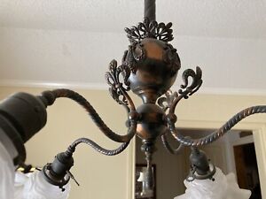 Antique Arts Crafts Japanned Copper Combo Gas Electric Light Fixture 47x25