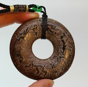 Carved Jade Pendant Disc Archaic Design Chinese Twelve Zodiacs