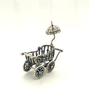 Vtg Sterling Victorian Filigree Ornate Baby Pram Trolley With Umbrella Miniature