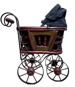 Antique 11 Tall Victorian Baby Stroller Carriage Wicker Wrought Iron Beautiful