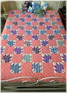 Vintage Maple Leaf Quilt Pattern Hand Quilted 64 X 76 Pinks Cottage Pastels