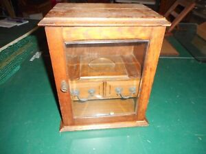 Fabulous Antique Single Glass Door Wooden Tobacco Cabinet W 2 Drawers Key
