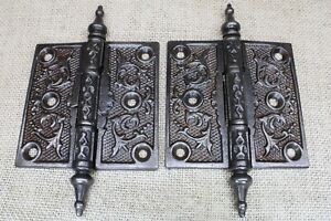 2 Old Door Hinges 3 1 2 X 3 1 2 Steeple Top Vintage Clean Cast Iron Bat Raised