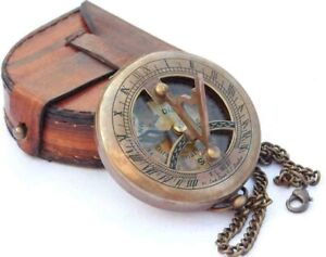 Vintage Maritime Pocket Sundial Nautical Brass Compass With Antique Leather Case