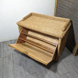 Vintage Boho Chic Coastal Wicker Rattan Drop Front Record Storage Cabinet Table