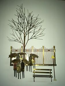 Signed Curtis Jere Metal Wall Sculpture Bus Stop People Umbrellas 28 X 18 