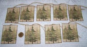 9 Christmas Primitive Rustic Pine Trees Folk Art Linen Cardstock Gift Hang Tags