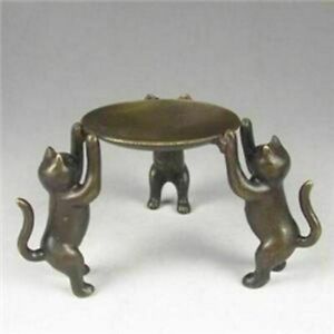 Ancient Asian Chinese Old Bronze Handmade Cats Plate Statue Oil Lamp Candlestick