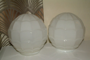 Rare Pair White Classic Geometric Art Deco Glass Lamp Lampe Shades 4 Table Lamps