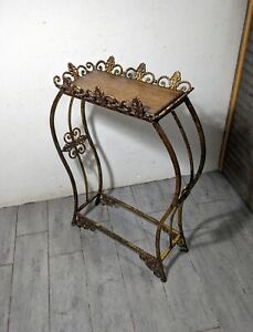 Vintage Shabby Victorian Gold Gilt Wrought Iron Accent Table Plant Stand Regency