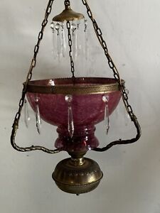 Antique Victorian Hanging Parlor Lamp Cranberry Pigeon Glass Electrified
