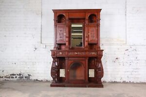19th Century Ornate French Oak Sideboard Hutch Or Bar Cabinet With Carved Faces