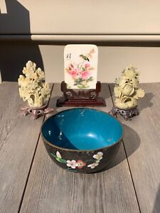 Vintage Chinese Cloisonne Bowl Porcelain Panel Carved Soapstone