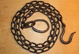 Antique Vintage Wrought Iron Hook On Length Of Chain Beam Iron Ring 60 Inches